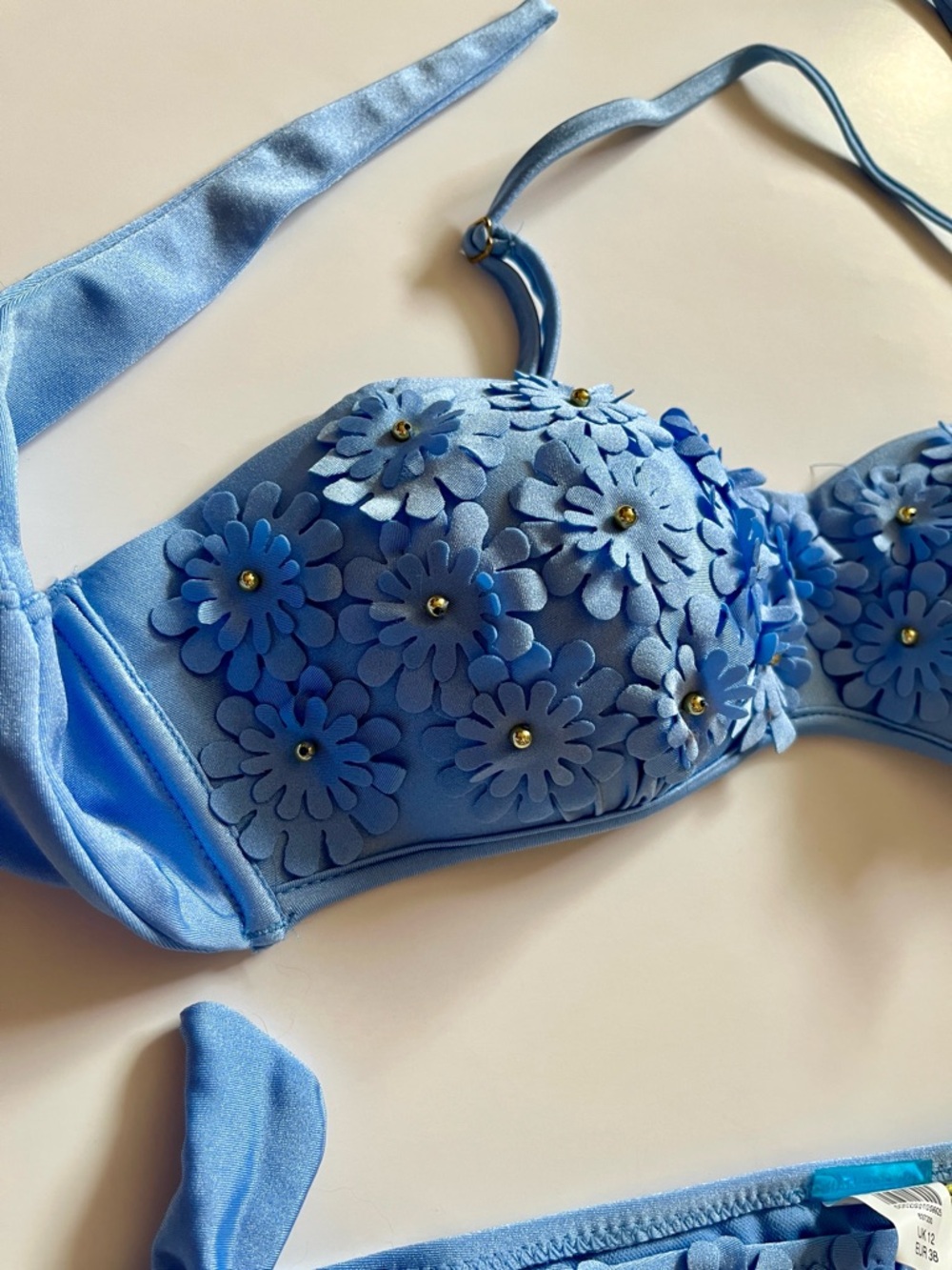 River island Blue Floral Appliqué Bikini Set Never Worn US Size 8 Very Cute! - Picture 2 of 8